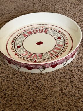 Anthropologie White Ceramic 'Amour' Heart Motif Serving Dish with Red Accents